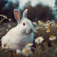 Cute rabbit in the meadow with chamomile flowers