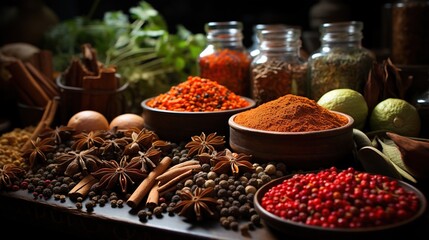  a variety of spices and herbs are on a counter top.  generative ai