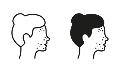 Woman with Blackhead, Acne, Rash Pictogram. Girl with Pimples on Face Line and Silhouette Icon Set. Dermatologic Problem, Allergy, Skin Inflammation Symbol Collection. Isolated Vector Illustration