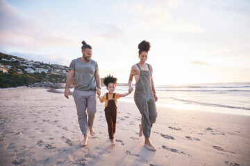 Family, holding hands and walking on beach at sunset, bonding and mockup space. Father, mother and...