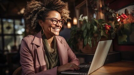 Cheerful ethnic woman working on laptop