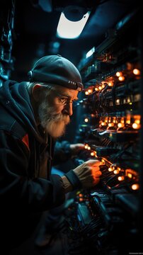 Bearded male engineer setting signal gadgets in electrical control room