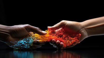 Abstrakte Darstellung zur Zusammenarbeit. Zwei Hände verbunden durch ein leuchtend blaues, gelbes und orange farbiges Netzwerk vor schwarzem Hintergrund. Teamarbeit.