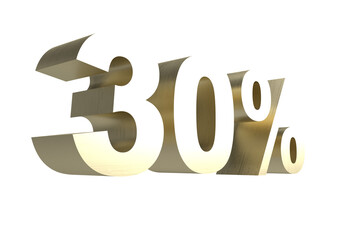 30% gold 3d number on transparent background. Perspective. Isolated