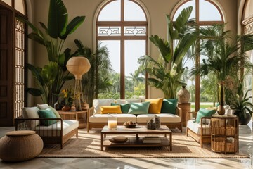 Tropical style living room with empty space for showcasing the product.