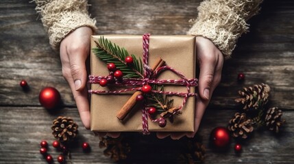 Hands holding gift box for christmas prepared on a wooden table