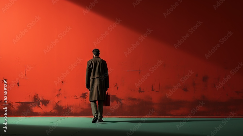 Poster a man standing in front of a red wall with a suitcase. generative ai