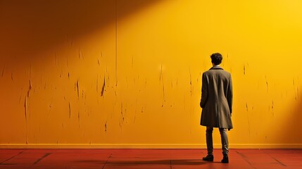  a man standing in front of a yellow wall in a room.  generative ai