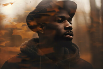 A melancholic portrait of a young black man. The autumn forest and dark atmosphere contribute to a sense of sadness and introspection, creating a dramatic and emotional scene.