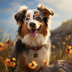 A photorealistic happy Australian Shepherd dog in natural setting