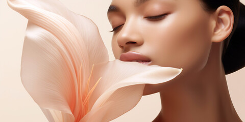 A glamorous beauty banner portrait of an exotic serene woman with a large pink lily. - 635891635