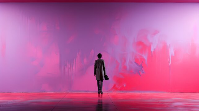  a person standing in front of a pink wall with a black bag.  generative ai