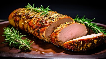 Baked Pork Loin with Whole Grain Mustard and Fresh Rosemary. Prepared and Roasted for a Delicious Dinner Meal: Generative AI