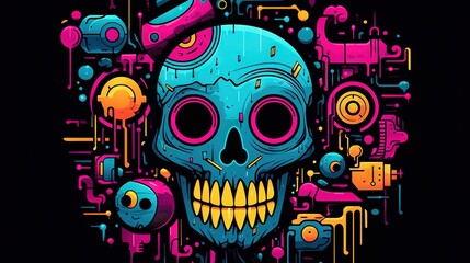  a colorful skull with a lot of different things around it.  generative ai