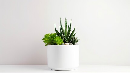 Modern Room Decoration with White Flower Pot for Cactus Plant - Mock-up with Black Frame on the Background: Generative AI