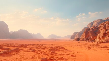 Fototapeta na wymiar Red Mars on Earth-Like Desert Landscape. Filming Location for Science Fiction Movie with Dusty Terrain and Adventure in Jordan's Wadi Rum Desert: Generative AI