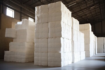Stacks of White Cotton Bales in an Industrial Warehouse for Textile Storage and Industry Building: Generative AI