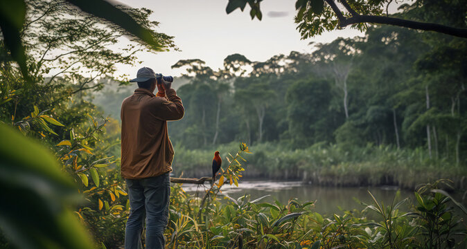 A Latin man doing bird watching during dawn at a tropical