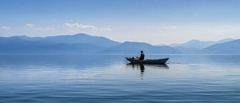 A man in a small fishing boat on calm blue water of a lake
