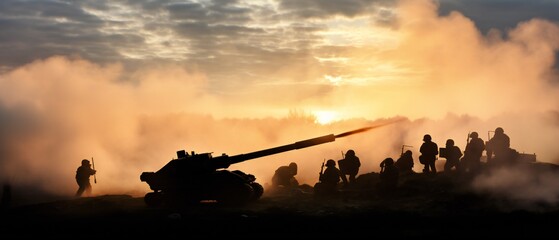 An anti-aircraft cannon and military silhouettes fighting in world war two