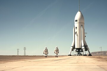 Astronauts walking to rocket ship on launch site