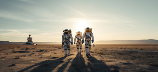 Astronauts walking to rocket ship on launch site - obrazy, fototapety, plakaty