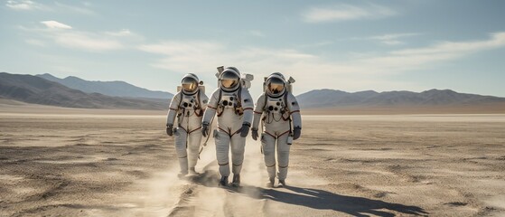 Obraz na płótnie Canvas Astronauts walking to rocket ship on launch site