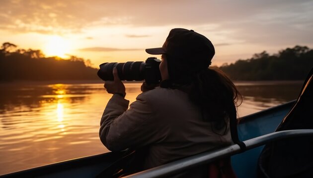 Back view of a female photographer taking pictures of sunrise