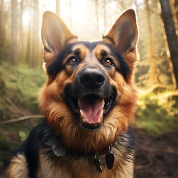 A photorealistic happy German Shepherd dog in natural setting
