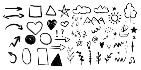 Sketch line arrow element, star, heart shape. Hand drawn doodle style circle, cloud speech bubble grunge set. Vector illustration
