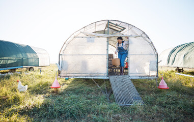 Chicken coop, woman with basket of eggs and birds in grass in countryside greenhouse with sustainable business in field. Agriculture, poultry farm and farmer working with food, animals and nature. © Wesley/peopleimages.com