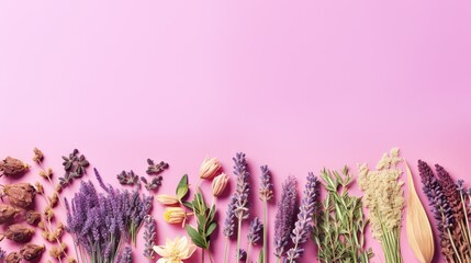  a row of dried flowers on a pink background with copy space.  generative ai