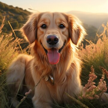 A photorealistic happy Golden Retriever dog in natural setting