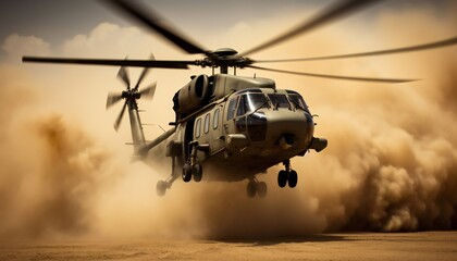 Black Hawk helicopter takes off in thick dust clouds