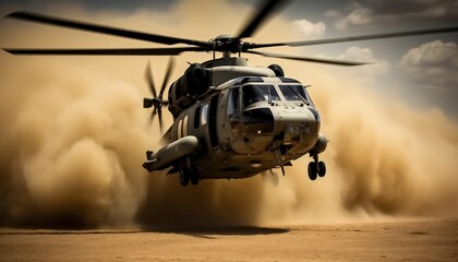 Military helicopter takes off in thick dust clouds