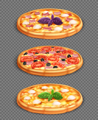 Different pizza set. Margarita pizza, pizza with ham and cheese, cheese pizza on transparent background