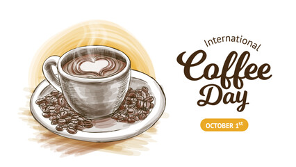 International Coffee Day Banner With Hand Drawn Illustration and Hand Lettering Calligraphy Logotype