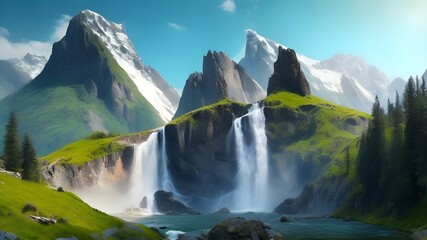 Nature's spectacle: Waterfall amidst towering mountain peaks.
