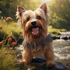 A photorealistic happy Yorkshire Terrier dog in natural setting