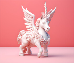 Cute White Unicorn Toddler Statue on Pink Background, Ai Generated