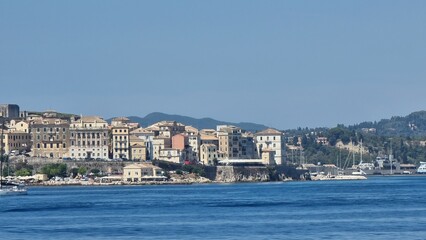 Fototapeta premium corfu city center buildings sailboat greece