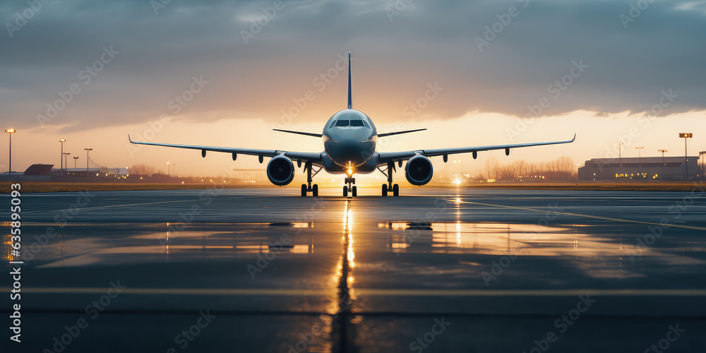 Wall mural ready for departure, airplane prepares for takeoff on airport runway, front view, horizontal wallpap