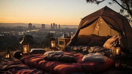 Generative AI, romantic camping with lantern lights, pillows, blanket. City view in the evening