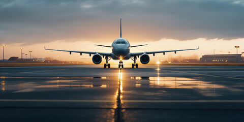 Ready for departure, Airplane prepares for takeoff on airport runway, front view, horizontal wallpaper.  - obrazy, fototapety, plakaty