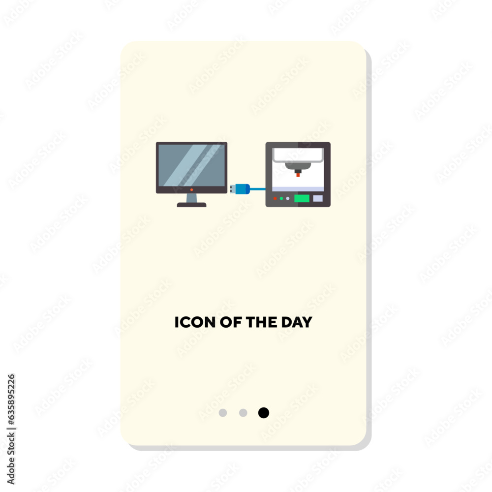 Poster 3d digital printer connected to computer thin flat icon. connection between smart devices isolated v