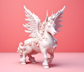 Cute White Unicorn Toddler with Wings Statue on Pink Background, Ai Generated
