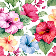 Seamless background, variety color of hibiscus flowers. Generative Ai.