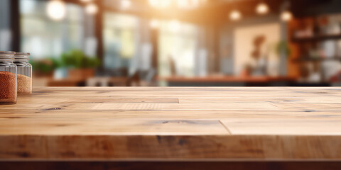 Rustic wooden counter with a backdrop of a blurred retail shop, empty table mockup for showing products.