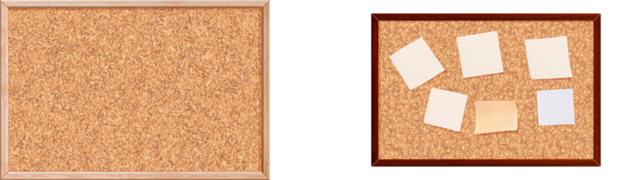 Cork noticeboard with several sticky sheets of paper. Message board with a grainy pattern for pinning notes, to-do lists, photos. Business background. Vector illustration.