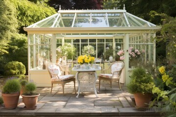 Glass conservatory in garden with furniture - obrazy, fototapety, plakaty